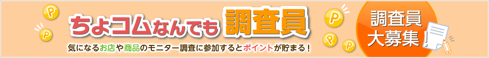 ちょコムなんでも調査員
気になるお店や商品のモニター調査に参加するとポイントが貯まる！